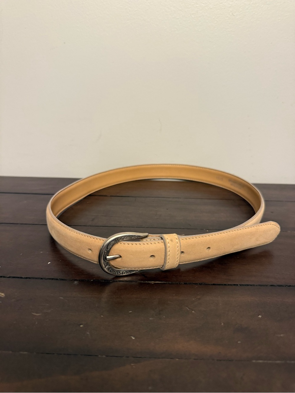 Tan Genuine Leather Western Belt With Engraved Buckle Size L Made in USA